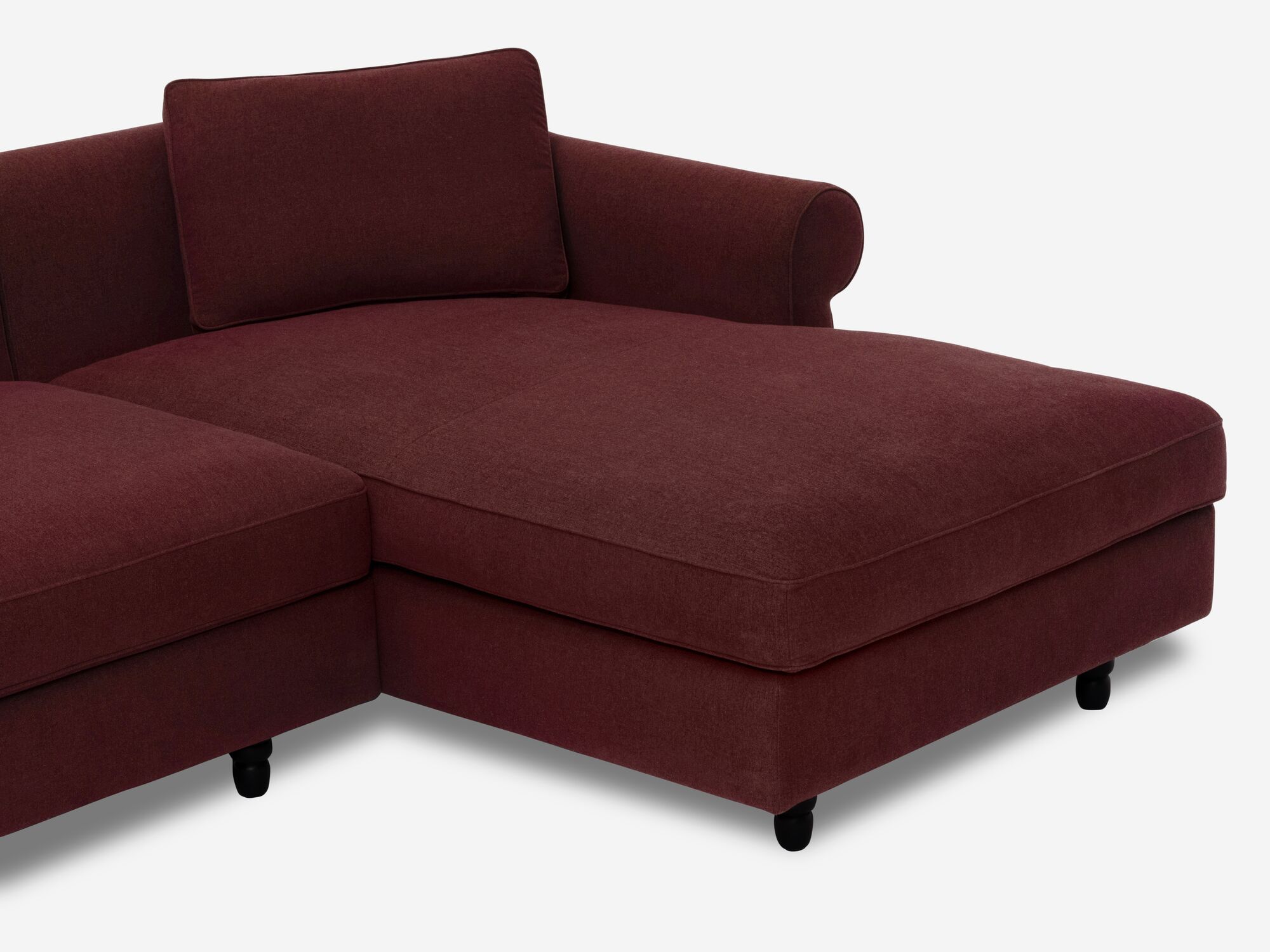 Deep red modern sectional sofa chaise detail view